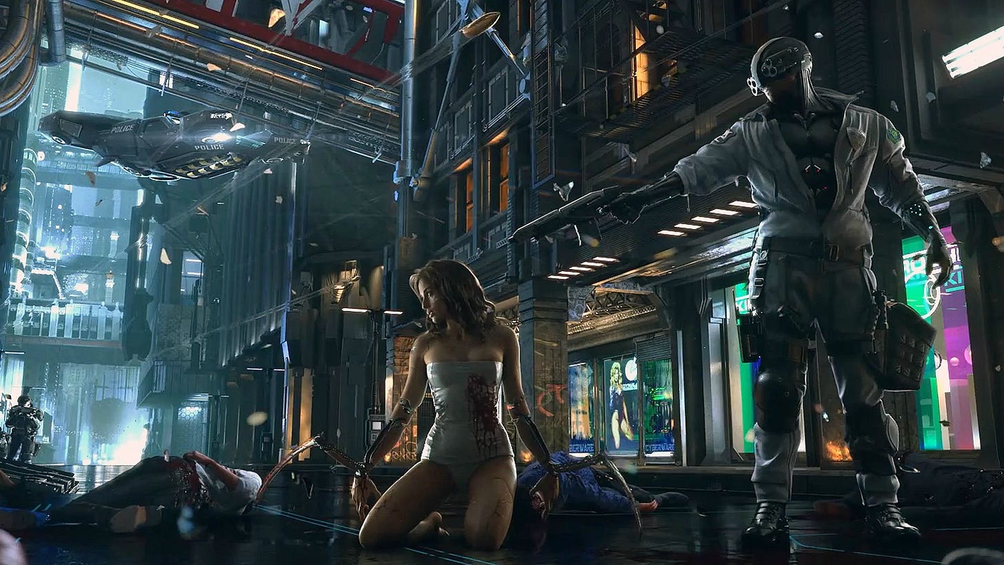 A shot from the reveal trailer for Cyberpunk 2077.