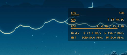 A transparent Rainmeter system monitor overlay positioned on the right side of the screen, displaying CPU load, GPU usage and temperature, RAM consumption, disk read/write speeds, and network throughput over a blue night-sky wallpaper.