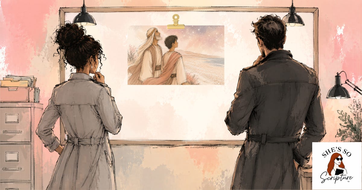 Illustration of two detectives in trench coats, backs to the viewer, studying an evidence board displaying a pinned image of a father and child gazing at a starry sky over sand and sea, in soft blush pink and cream watercolor tones. Illustration of two detectives in trench coats, backs to the viewer, studying an evidence board displaying a pinned image of a father and child gazing at a starry sky over sand and sea, in soft blush pink and cream watercolor tones.