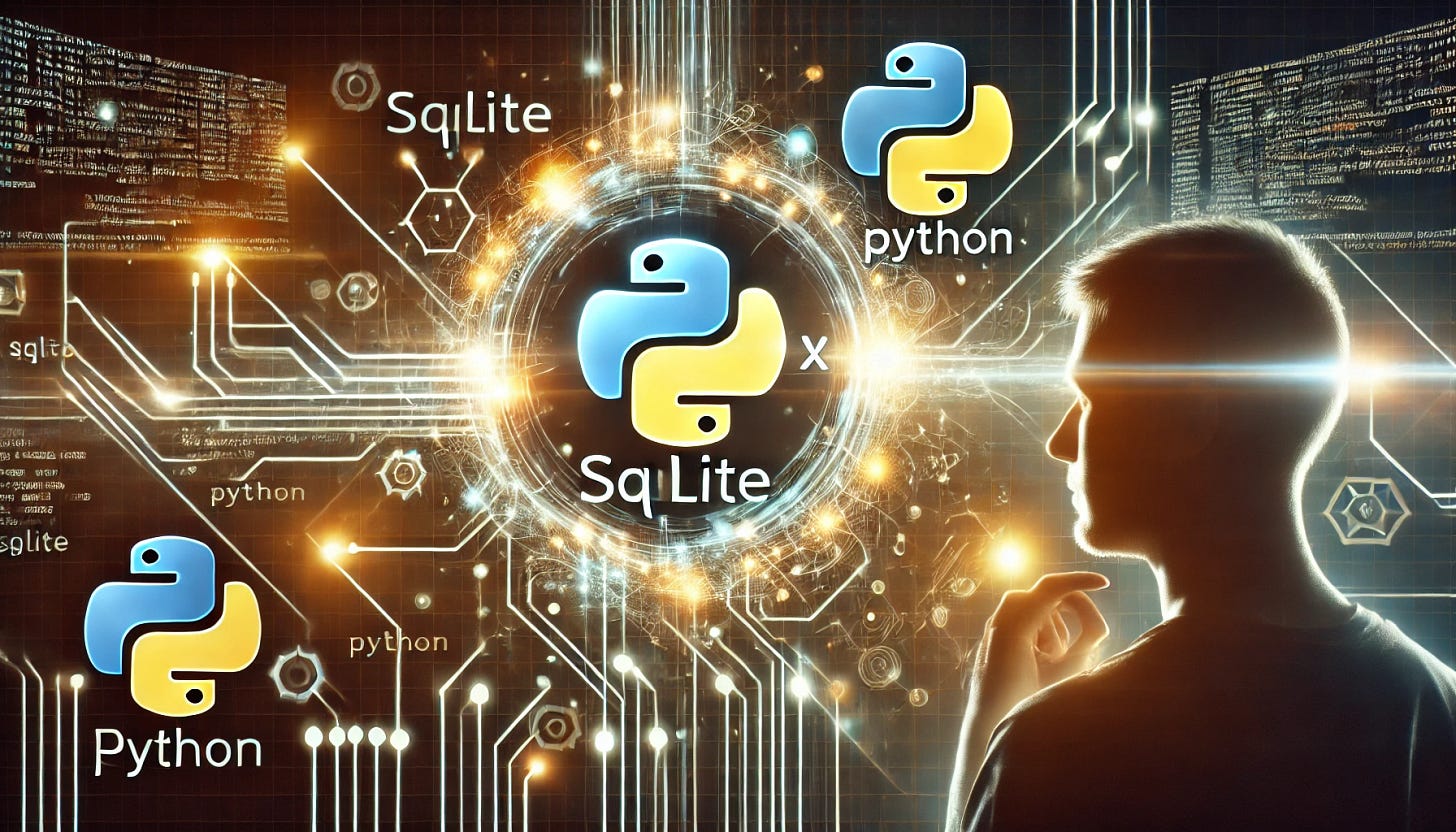 SQLite and Python logos merging with glowing connections, observed by a human, symbolizing integration. 