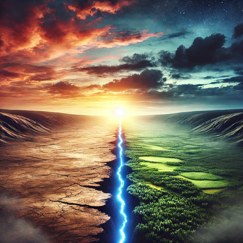 A serene landscape divided by a visible rift or line, symbolizing societal divisions. One side features barren land in muted tones, while the other side is lush and green. Above, a warm and radiant sunrise casts light over both sides, suggesting hope and unity. The sky transitions from deep night blue to vibrant orange and pink hues, creating a dramatic and inspiring atmosphere. The overall scene is symbolic and metaphorical, evoking themes of division and the potential for reconciliation.