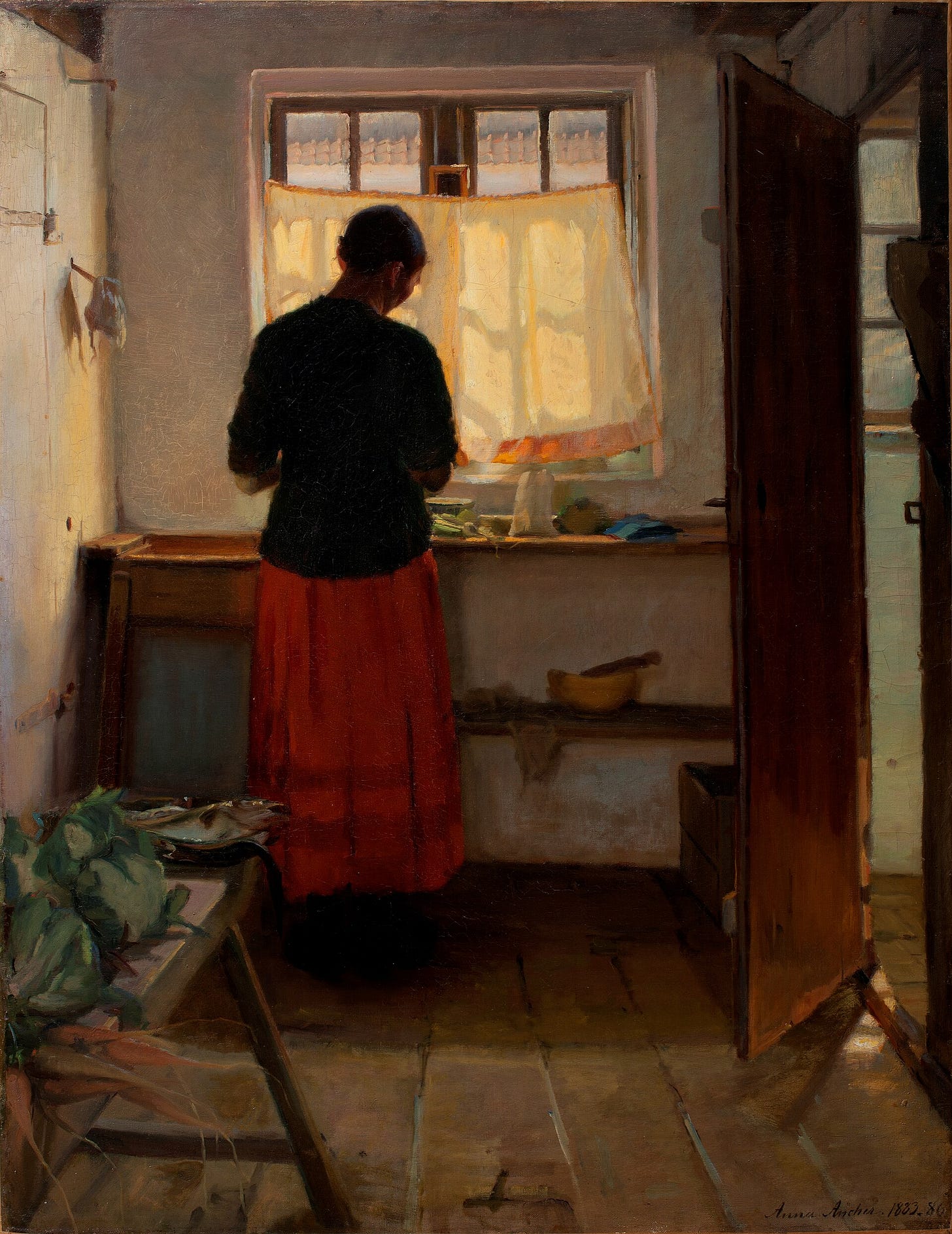 The Maid in the Kitchen by Anna Ancher: a maid seen from behind at a sunlit window, in a red skirt The Maid in the Kitchen by Anna Ancher: a maid seen from behind at a sunlit window, in a red skirt