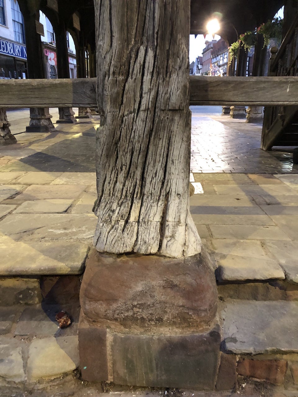 Close-up of an elephant-leg-like post under Ledbury Market House
