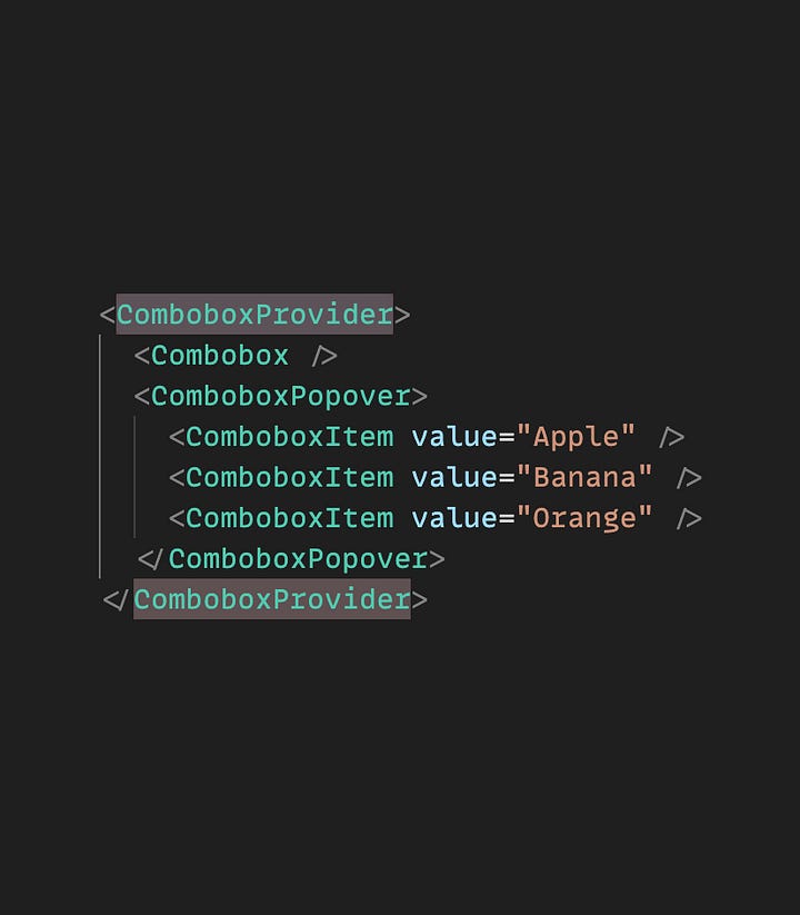 Two snippets of code: one using Ariakit component stores, where the useComboboxStore hook is used and the returned store object is passed to the Combobox and ComboboxPopover components; and another one using component providers, where the ComboboxProvider component is wrapping both Combobox and ComboboxPopover, and no explicit store prop must be passed.