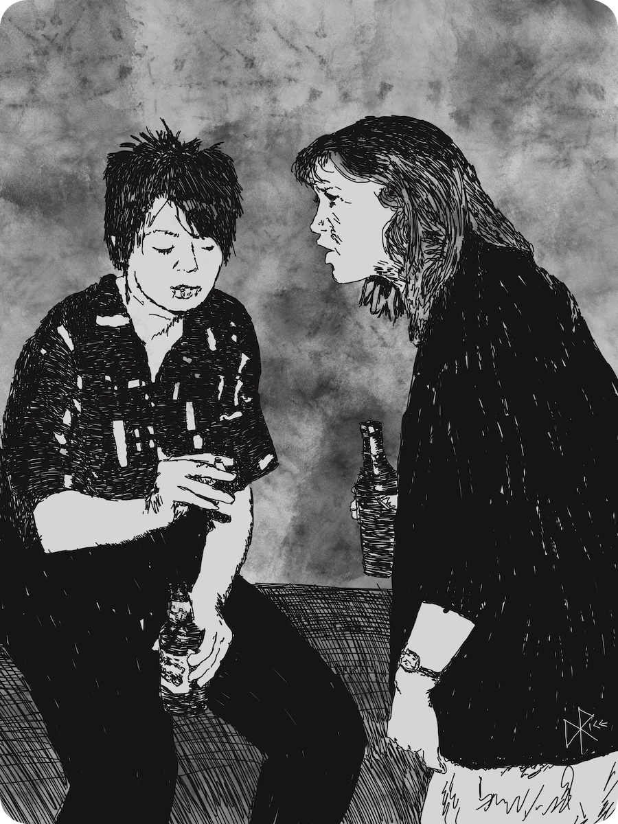 Two women talking at a party. Sketch art by Don Rice.
