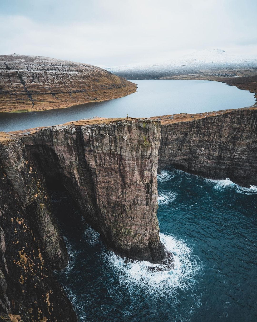 Cliff with lake on top and ocean below