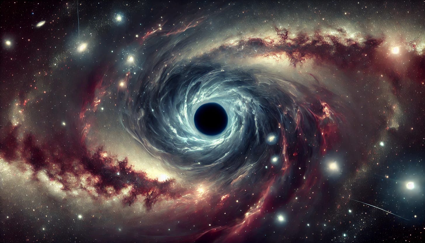 A conceptual and cosmic illustration of dark energy as a repelling void in space, subtly pushing away galaxies and cosmic matter. The image should depict an expansive, star-filled universe with areas of intense voids or negative space, symbolizing dark energy pushing against clusters of galaxies and cosmic structures. The background has a deep, almost ethereal quality, with swirling star formations subtly moving away from these dark voids. Colors are dark and mysterious, with a faint glow outlining galaxies, adding depth and highlighting the cosmic scale of dark energy's influence. A conceptual and cosmic illustration of dark energy as a repelling void in space, subtly pushing away galaxies and cosmic matter. The image should depict an expansive, star-filled universe with areas of intense voids or negative space, symbolizing dark energy pushing against clusters of galaxies and cosmic structures. The background has a deep, almost ethereal quality, with swirling star formations subtly moving away from these dark voids. Colors are dark and mysterious, with a faint glow outlining galaxies, adding depth and highlighting the cosmic scale of dark energy's influence.