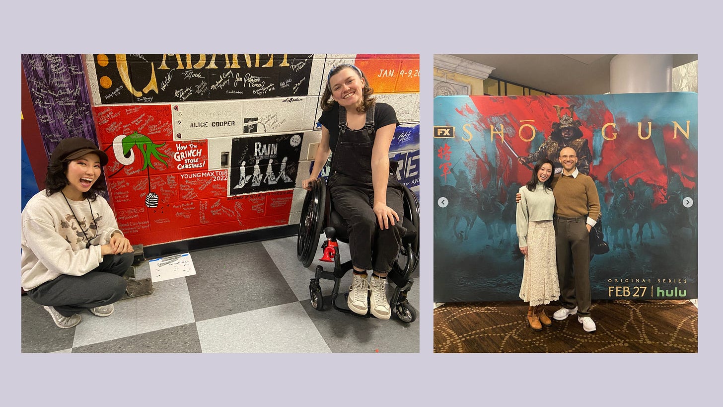 Two photos side by side. On the left, Meredith in a wheelchair smiles while posing in front of a Grinch Wall Tag backstage. Next to them, Resa kneels and smiles at the camera. On the right, two people stand in front of a large poster for the TV series "Shōgun," smiling and posing together.