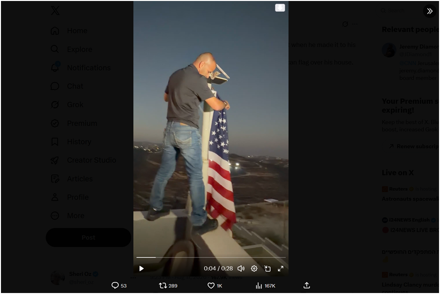 Loui Ridi, homeowner living in Ohio, came to the house in Qusra and put up the American flag. Screenshot from video posted on CNN correspondent Jeremy Diamond’s X account.