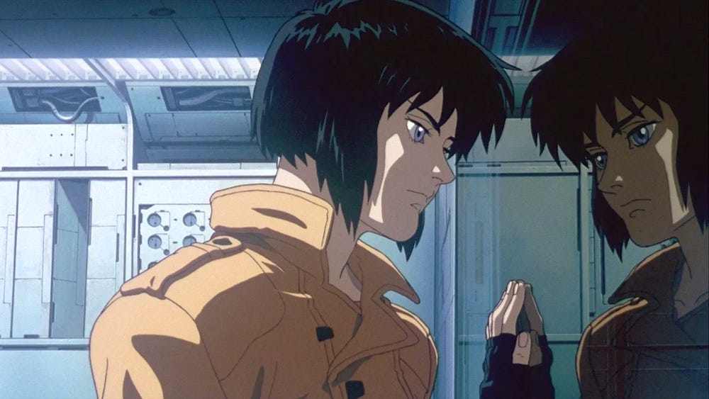 An anime character with short dark hair and a tan jacket stares at her reflection in a window amidst a futuristic setting
