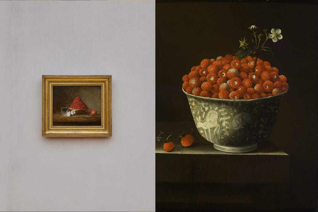Left, Chardin’s small still life of wild strawberries in a gilt frame on a grey wall at Dior’s men’s show. Right, Adriaen Coorte’s painting of a blue-and-white porcelain bowl heaped with wild strawberries