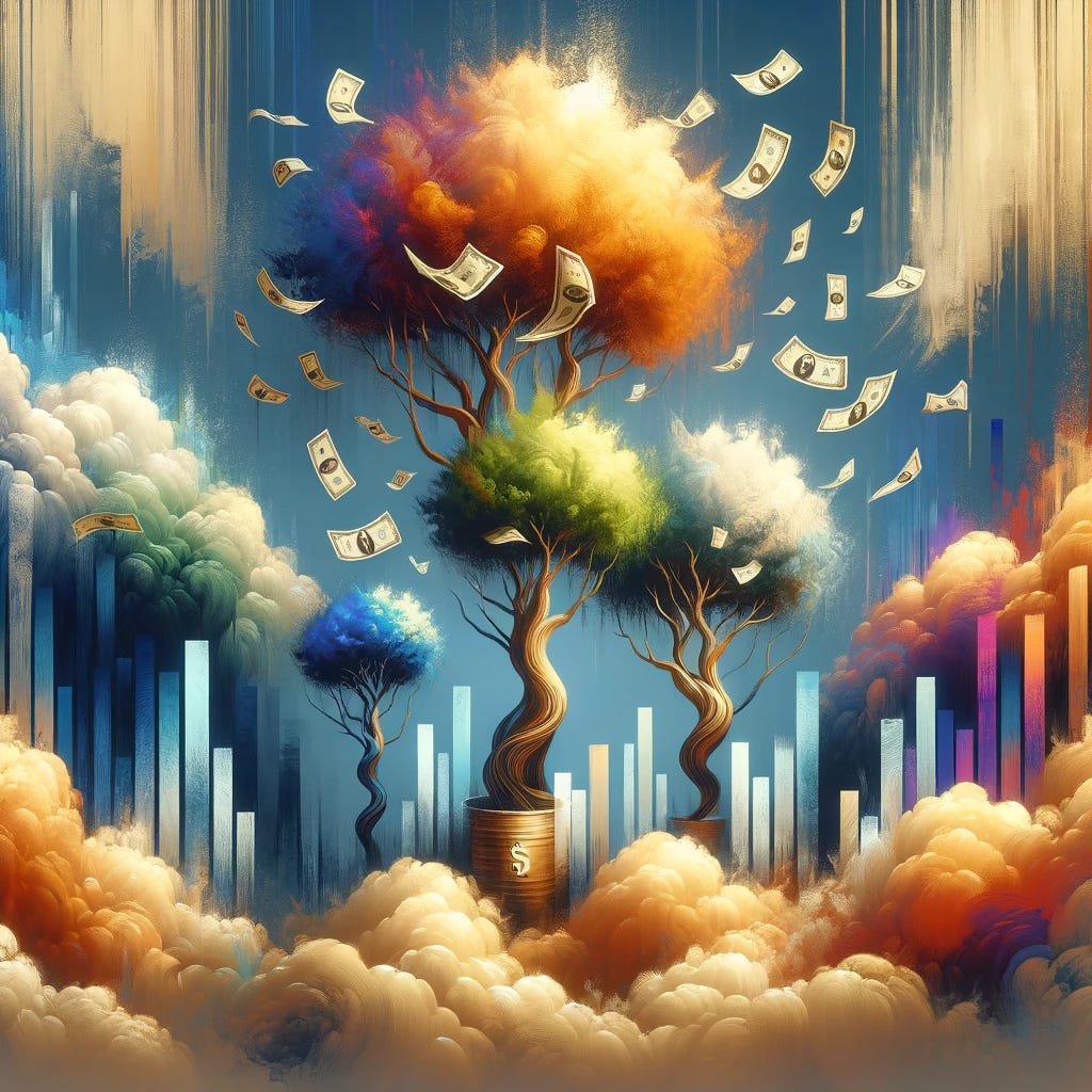 Create an aesthetically pleasing image that represents the concept of multi-baggers in the stock market. The image should depict the idea of investments growing multiple times in value, symbolized by trees growing money or stocks reaching for the sky among clouds. The style should be artistic and abstract, with a color palette that evokes growth, success, and optimism.