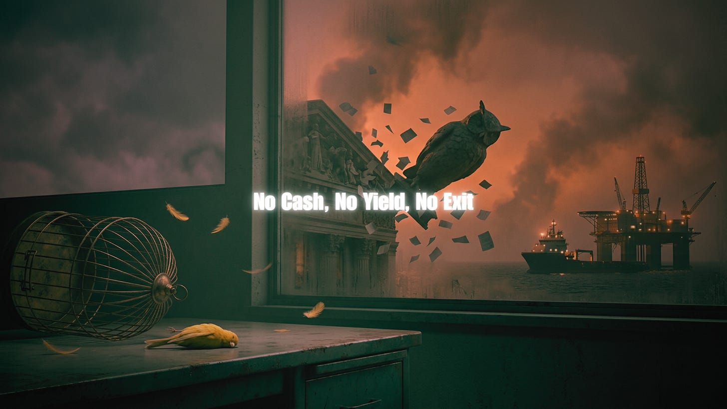 Apocalyptic scene with oil rig, crumbling building, and "No Cash, No Yield, No Exit" text