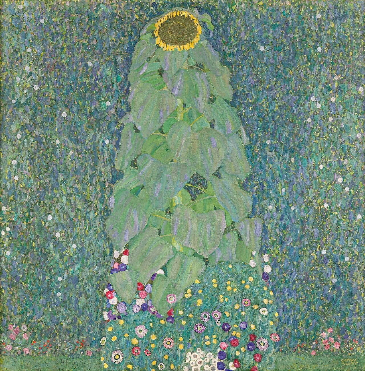 Gustav Klimt, The Sunflower, a single tall sunflower among dense foliage, shaped like a standing figure. Gustav Klimt, The Sunflower, a single tall sunflower among dense foliage, shaped like a standing figure.