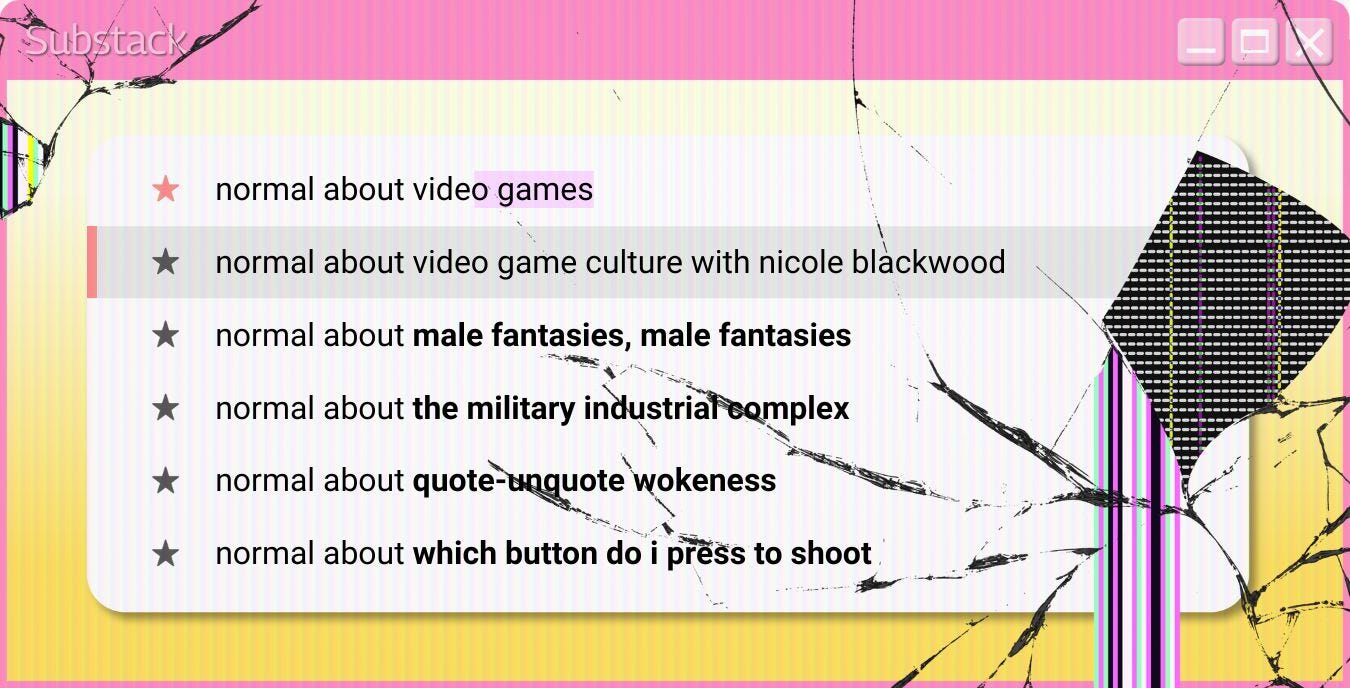 A cracked screen header displaying a search bar with entries related to video games.