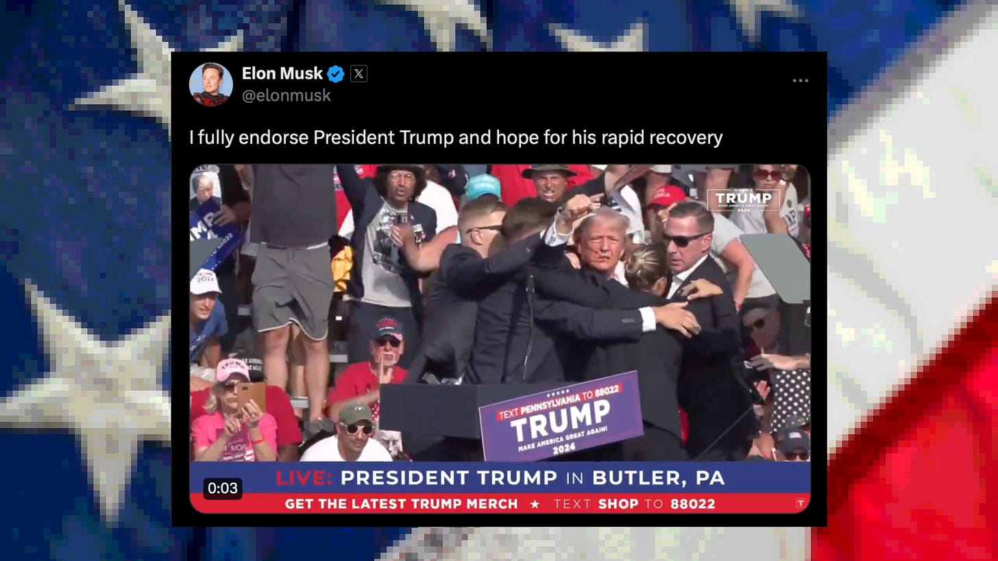 Screenshot of Elon Musk tweet saying he endorses Donald Trump and hopes for his rapid recovery Screenshot of Elon Musk tweet saying he endorses Donald Trump and hopes for his rapid recovery