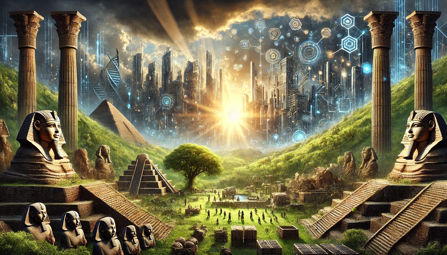 A natural, thought-provoking scene representing Lewis Mumford's concept of the 'megamachine': a blend of ancient and modern imagery. In the foreground, ancient ruins resembling Egyptian pyramids or Mesopotamian ziggurats merge into a futuristic industrial cityscape in the background, with towering skyscrapers, complex machinery, and glowing digital networks. The sky is dramatic, with storm clouds giving way to rays of sunlight breaking through, symbolizing hope and renewal. In the middle ground, small human figures gather in a lush green space, symbolizing community and organic life amidst the overwhelming technological structures. The mood is contemplative and balanced, with a mix of dark and light elements representing the tension between technology and humanity.