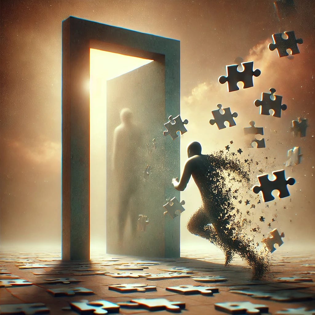 An abstract representation of bargaining and longing: A person standing in front of a massive, half-open doorway, beyond which is a blurred figure they are desperately reaching for. Their body dissolves into scattered puzzle pieces, symbolizing the struggle to hold on. The atmosphere is dreamlike, with soft glows and a melancholic aura.