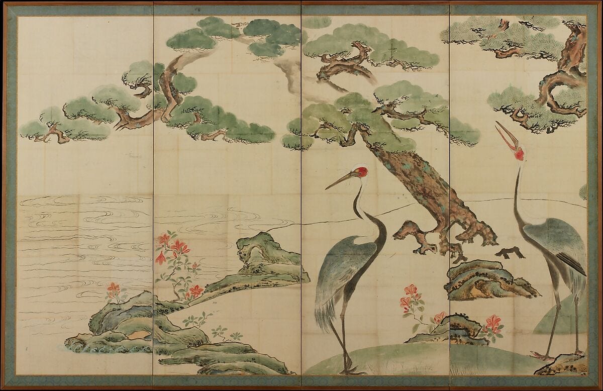 Cranes, Pines, and Bamboo, Ogata Kōrin (Japanese, 1658–1716), Pair of folding screens; ink and color on paper, Japan