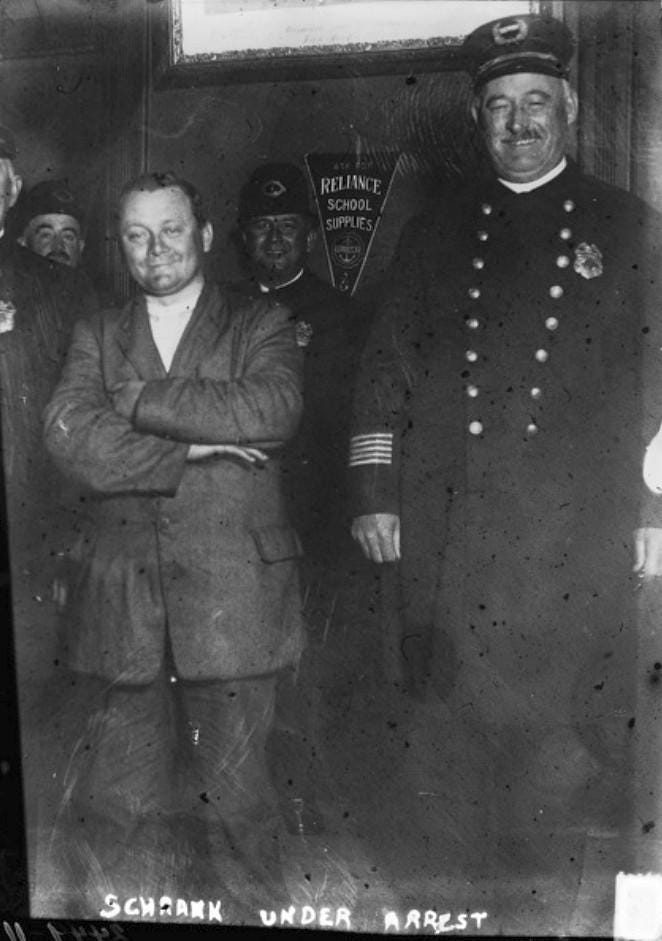 John F. Schrank after his arrest. On October 14, 1912, Schrank shot former president and Progressive Party candidate Theodore Roosevelt outside a Milwaukee hotel.