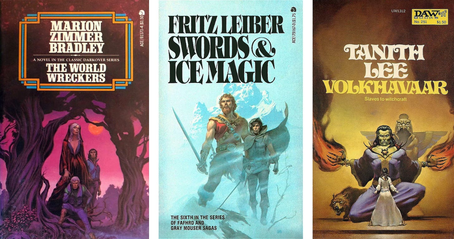 Three paperback covers side-by-side: THE WORLD WRECKERS by Marion Zimmer Bradley, published by Ace Books, SWORDS AND ICE MAGIC by Fritz Leiber, published by Ace Books, and VOLKHAVAAR by Tanith Lee, published by DAW Books.