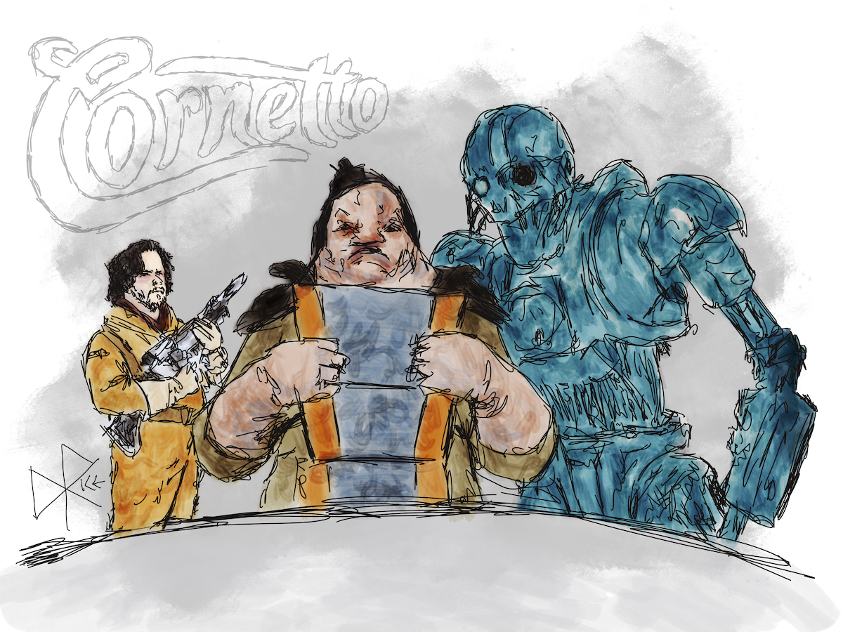 A Star Wars parody drawing of The Cornetto Gang as played by Edgar Wright, Simon Pegg and Nick Frost. Sketch art by Don Rice. A Star Wars parody drawing of The Cornetto Gang as played by Edgar Wright, Simon Pegg and Nick Frost. Sketch art by Don Rice.