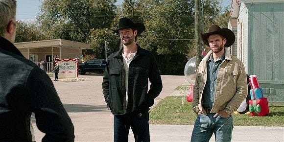 Jared Padalecki and Keegan Allen in cowboy drag for Walker. Jared Padalecki and Keegan Allen in cowboy drag for Walker.