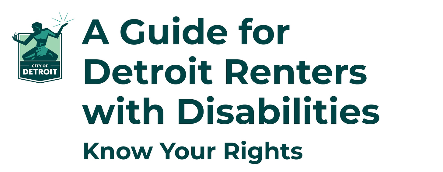 The title of a document called A Guide for Detroit Renters with Disabilities. Know Your Rights. A logo of the City of Detroit shows a god-like statue.