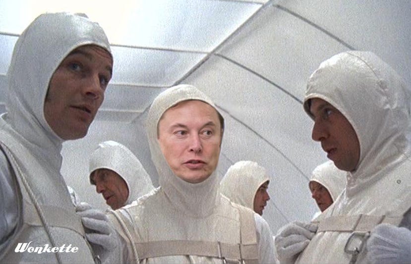 Still from 'Everything You Ever Wanted To Know About Sex But Were Afraid To Ask,' where Woody Allen's face has been digitally replaced by Elon Musk's. It's the scene where sperm cells prepare for ejaculation as if they were paratroopers in an old WW II movie.