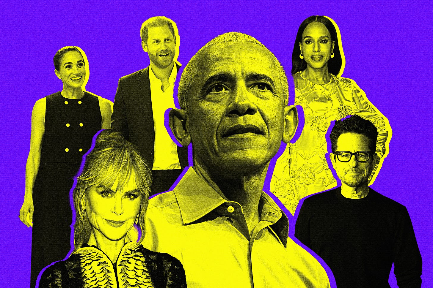 collage of: Meghan Markle, Prince Harry, Nicole Kidman, Barack Obama, Kerry Washington and JJ Abrams