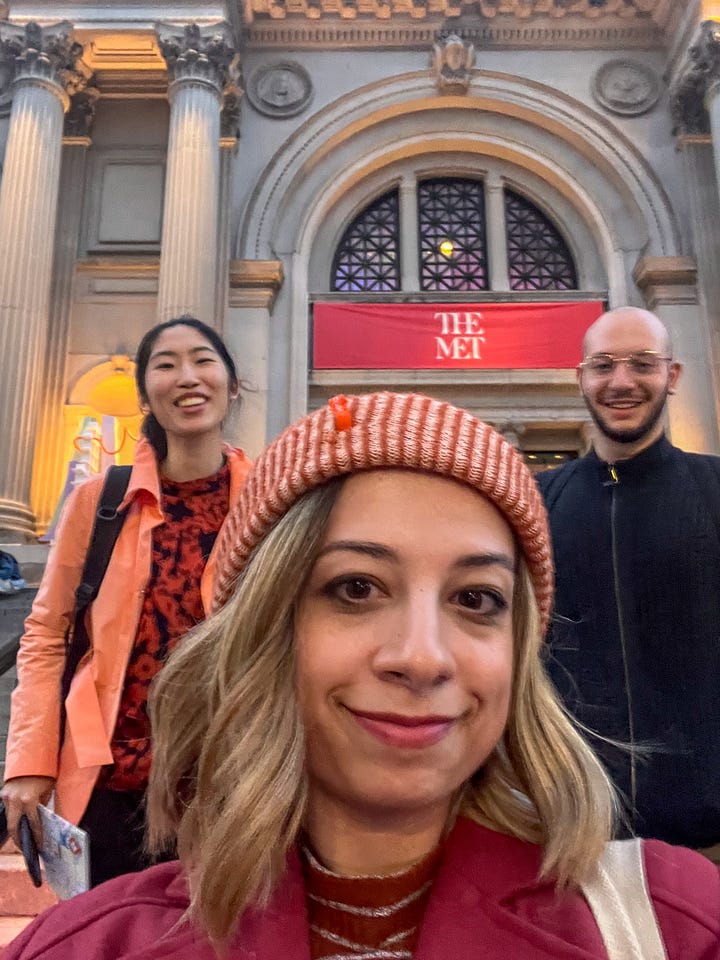 Photos of Katya enjoying her half birthday with friends. At the MET, at a cafe, at a Central Park drone show, at Tacos.