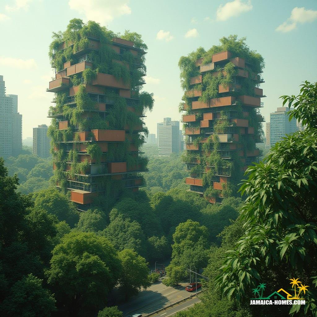 Vertical Jungle Towers: Biophilic skyscrapers where vines and tropical trees weave through stacked container homes