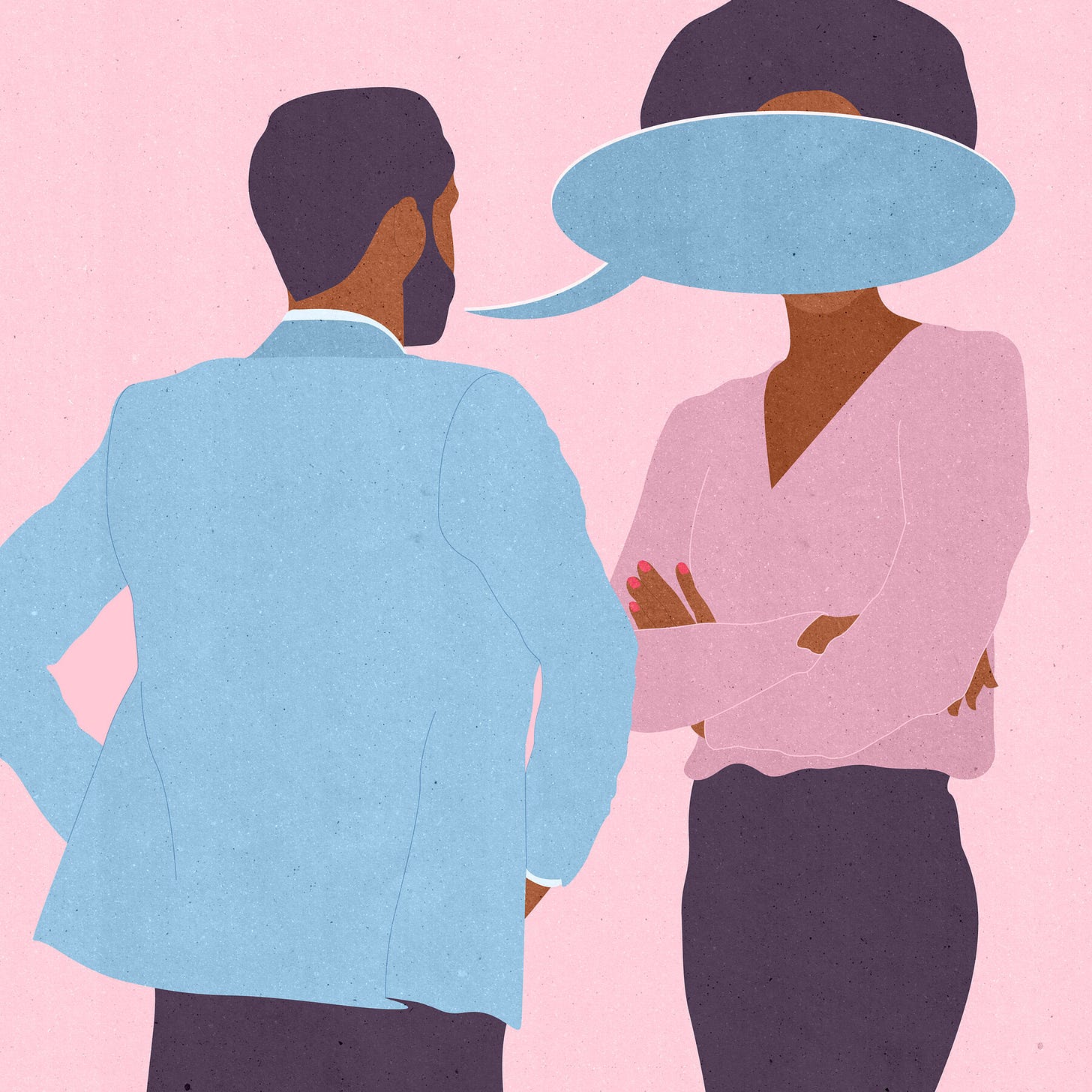 digital artwork of a man in a suit facing a black woman with an afro and pink shirt, with her arms crossed in front of her chest. The man’s conversation bubble blocks the woman's face, symbolizing the concept of mansplaining. 