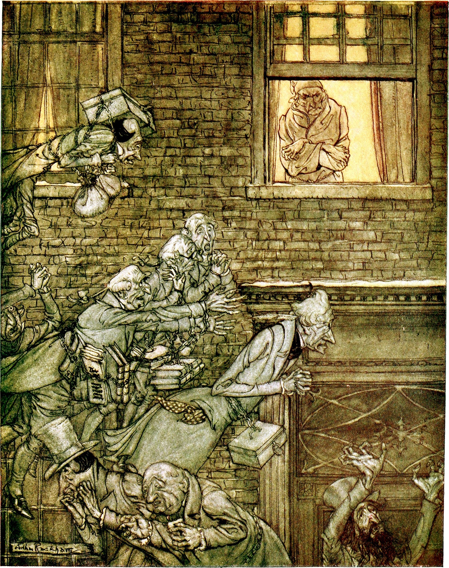 Color plate by Arthur Rackham for A Christmas Carol illustrating the line about the night air filled with wandering, moaning phantoms. Color plate by Arthur Rackham for A Christmas Carol illustrating the line about the night air filled with wandering, moaning phantoms.