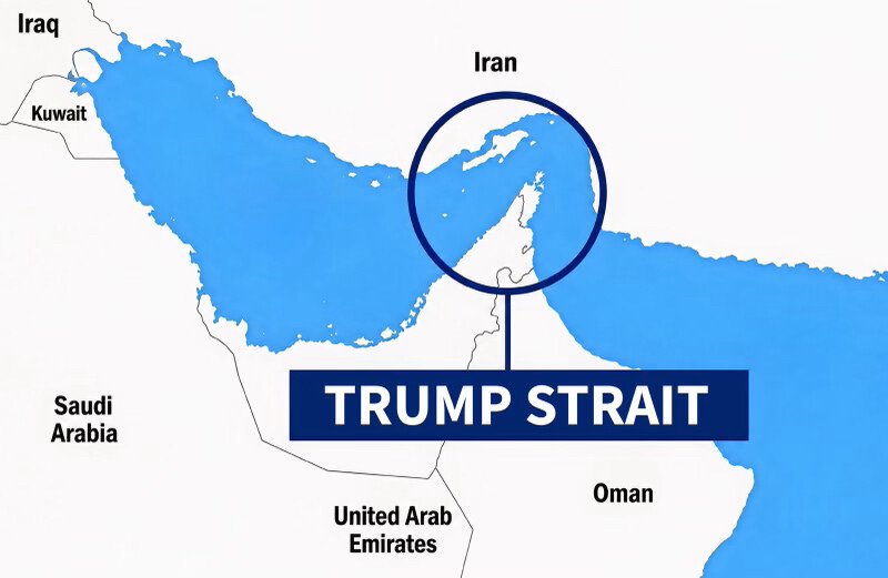 A map highlighting the Persian Gulf region with countries labeled: Iraq, Kuwait, Saudi Arabia, United Arab Emirates, Oman, and Iran. The Hormuz Strait area is circled and labeled as "Trump Strait" in bold letters. A map highlighting the Persian Gulf region with countries labeled: Iraq, Kuwait, Saudi Arabia, United Arab Emirates, Oman, and Iran. The Hormuz Strait area is circled and labeled as "Trump Strait" in bold letters.