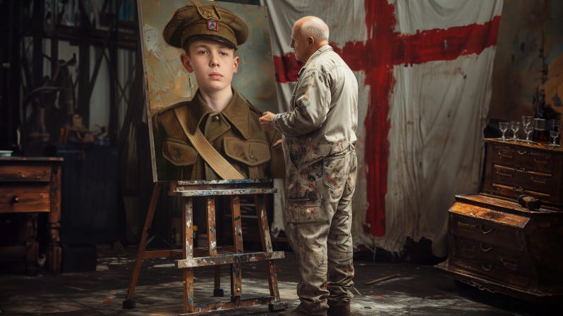 An older man in paint-spattered overalls stares at his portrait of a young soldier. In the background of his artist's studio is a Flag of St George. An older man in paint-spattered overalls stares at his portrait of a young soldier. In the background of his artist's studio is a Flag of St George.