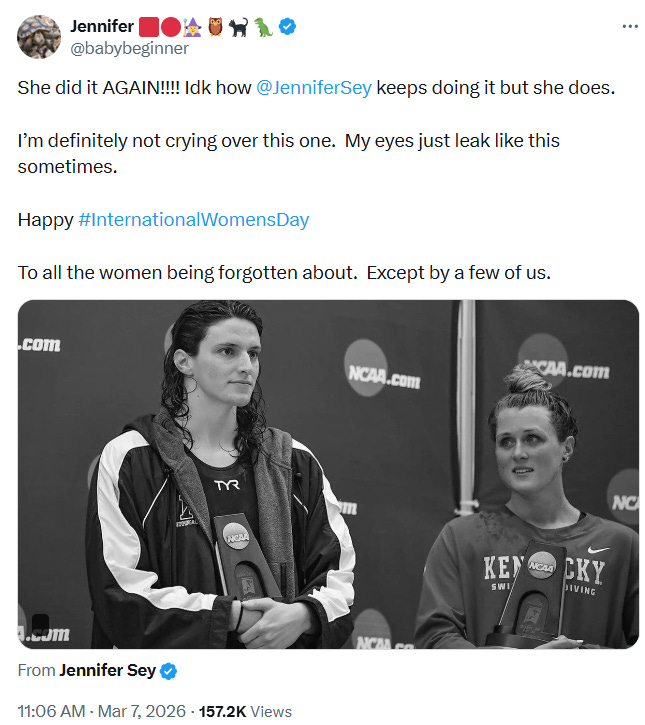 International Women’s Day: To all the women being forgotten about.  Except by a few of us. (03/07/26, video 58 sec)