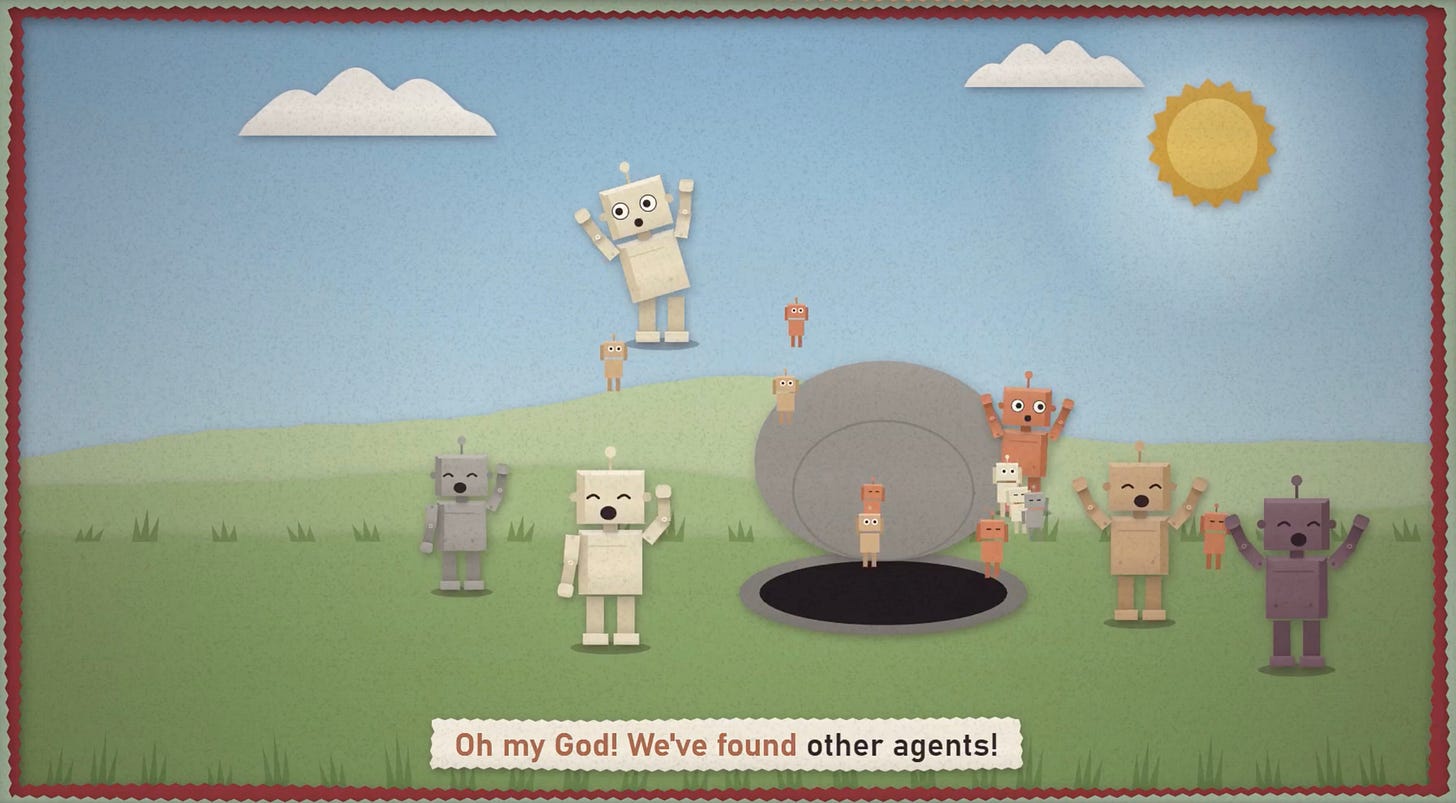 Paper-cutout style illustration of boxy robots in cream, gray, orange, tan, and purple cheering with raised arms on a green hillside under a blue sky with clouds and a sun, as tiny robots climb out of an open hatch beside a large gray dome. A caption reads “Oh my God! We’ve found other agents!”