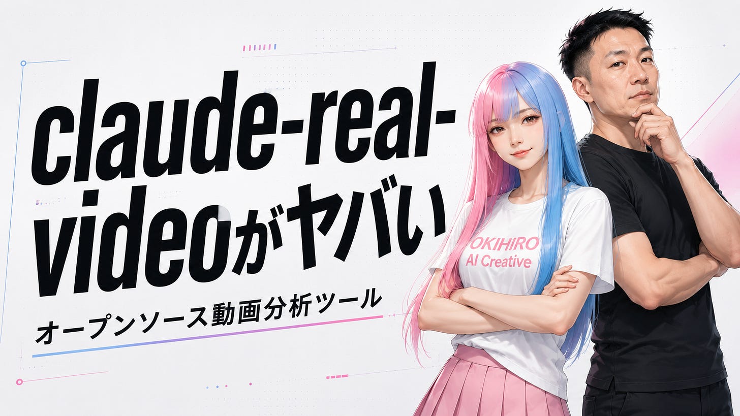 claude-real-videoがヤバい、オープンソース動画分析ツールを紹介するOKIHIRO AI Creativeのアイキャッチ画像。ピンクとブルーの髪の女性キャラクターと男性が並んでいる。