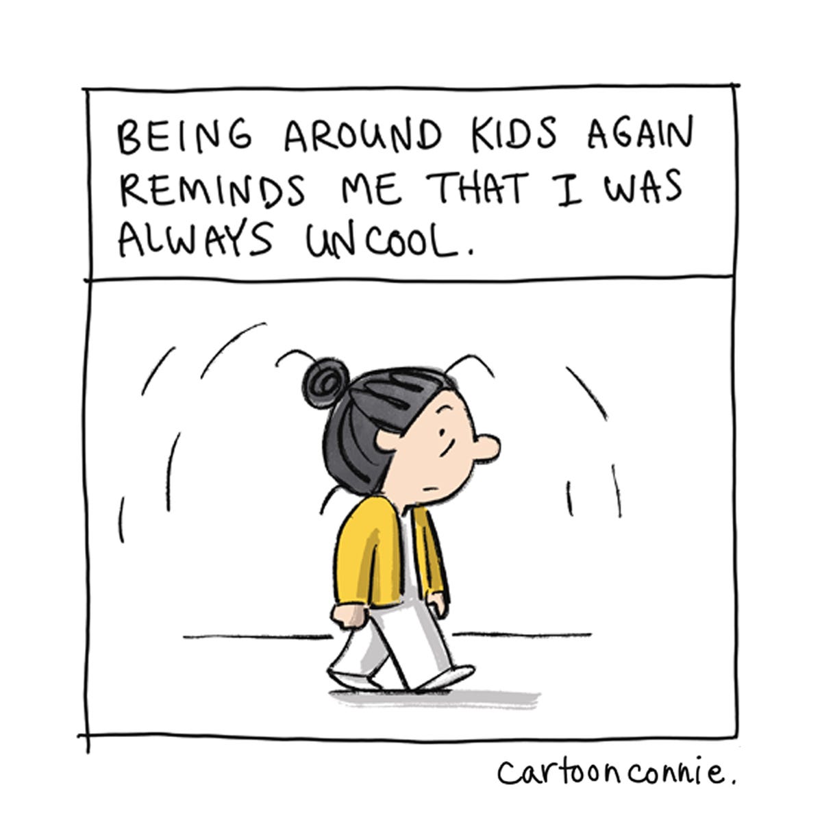 Panel 7/8 of an 8-panel color diary comic illustrating the perceptive, brutal honesty of young children in a series of humbling exchanges with the artist. Titled "Friends With Kids," 2026, by Connie Sun