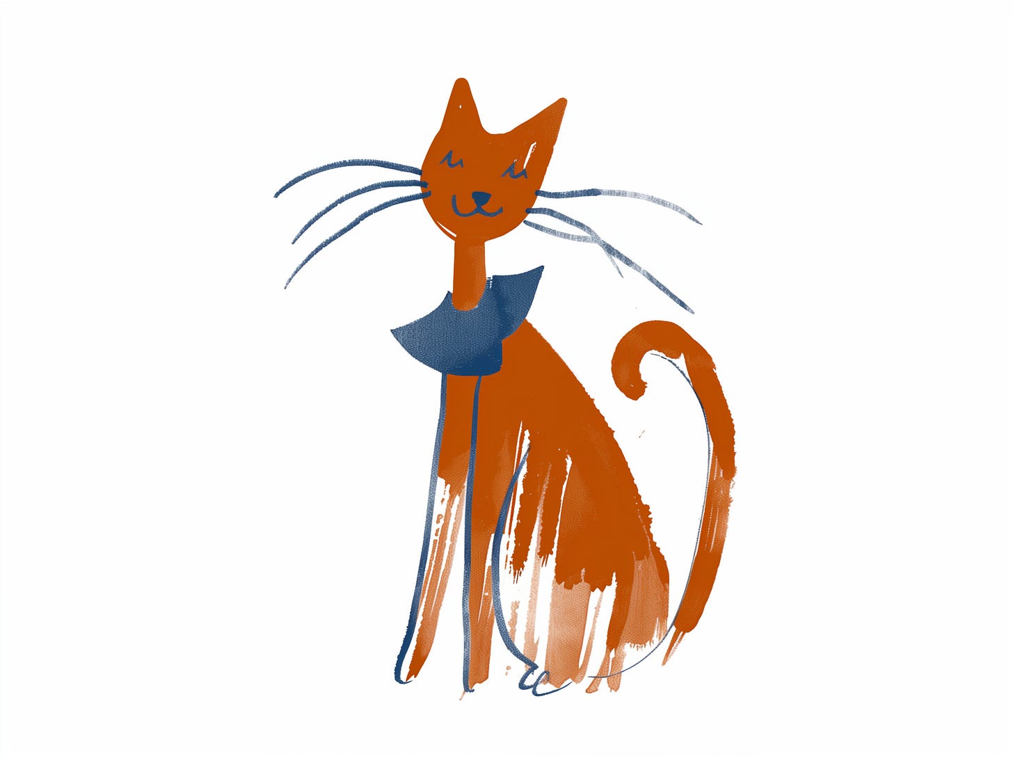 A simple, whimsical illustration of a ginger cat with a blue collar. The cat has a happy expression, long whiskers, and sits with its tail curled around its body.