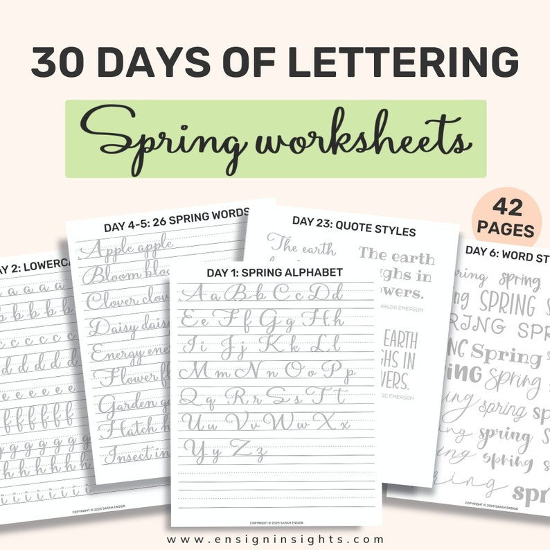 May include: A set of 3 printable worksheets for practicing calligraphy. The worksheets feature spring-themed words, a spring alphabet, and quote styles. The worksheets are black and white and have a light gray background.