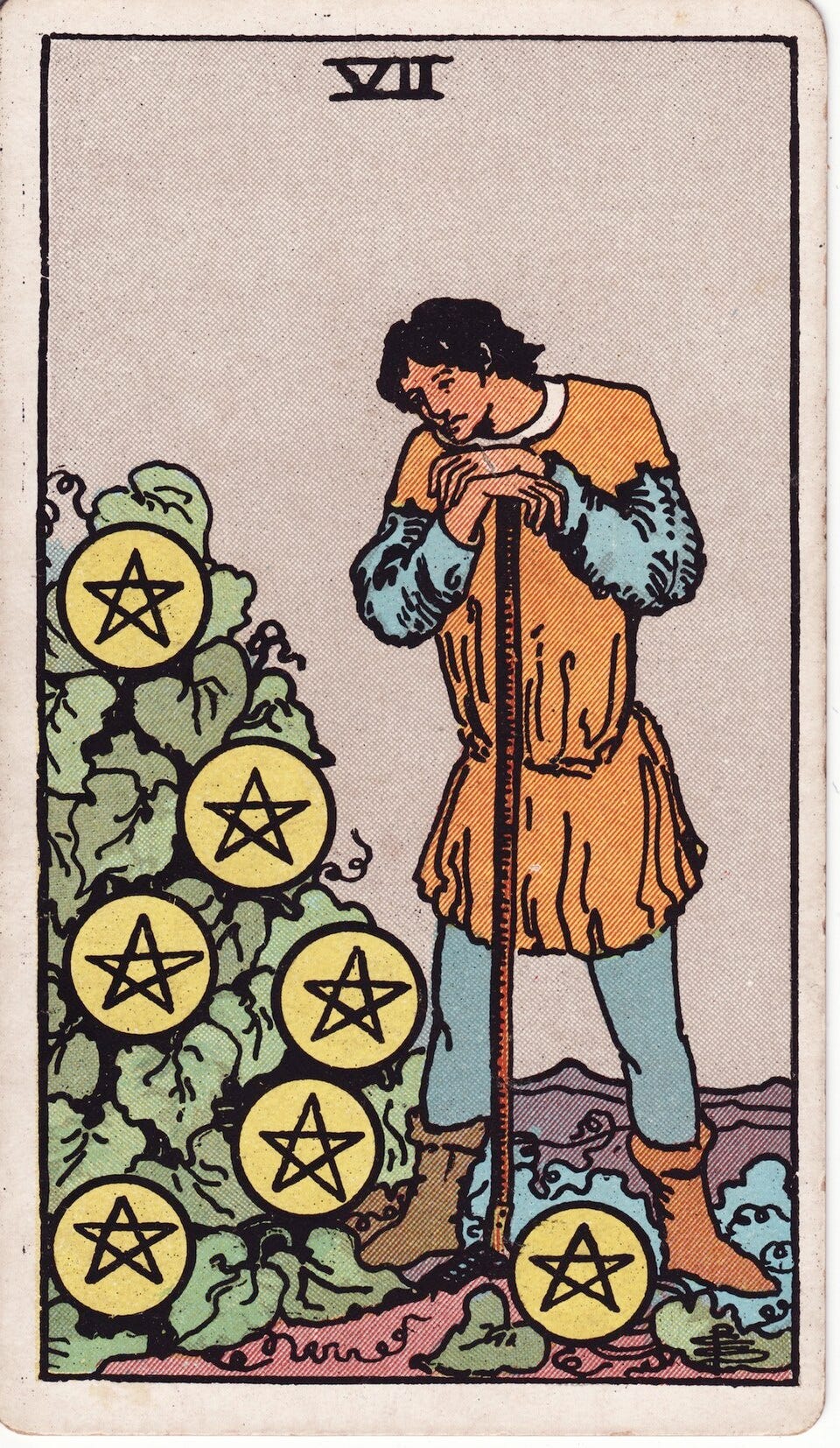 Seven of Pentacles from the Rider/Waite/Smith Tarot, 1910. Art by Pamela Colman Smith. 