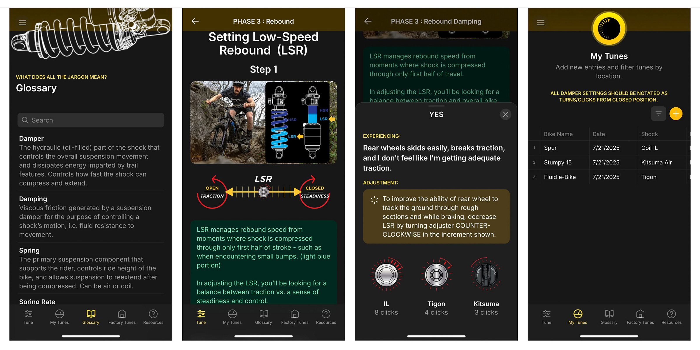 Cane Creek Shock Tuner app pages