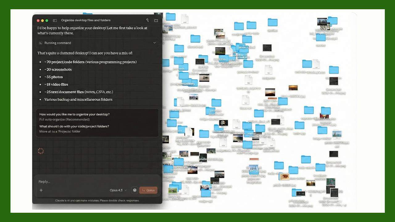 Screenshot of Claude Cowork autonomously organizing a cluttered macOS desktop by analyzing files and folders and proposing actions, illustrating agentic AI execution in everyday workflows — by Karo Zieminski for Product with Attitude.