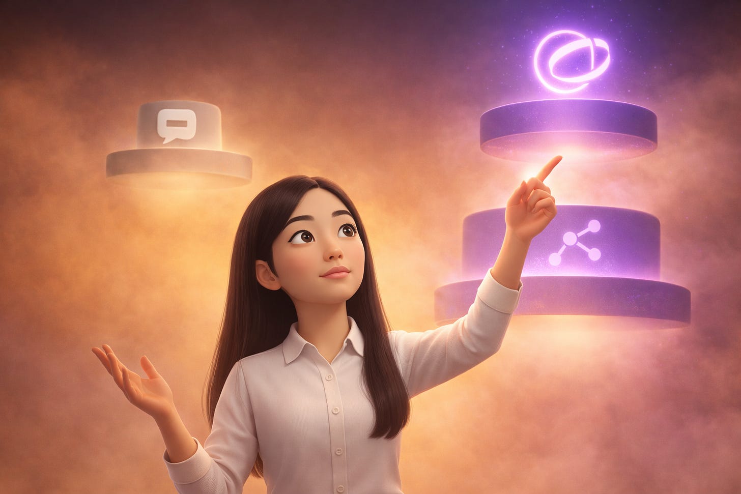 Pixar-style 3D illustration of Jenny Ouyang from Build to Launch gesturing at four ascending glowing platforms, representing the 4 levels of AI automation from simple chat output to self-improving agent systems