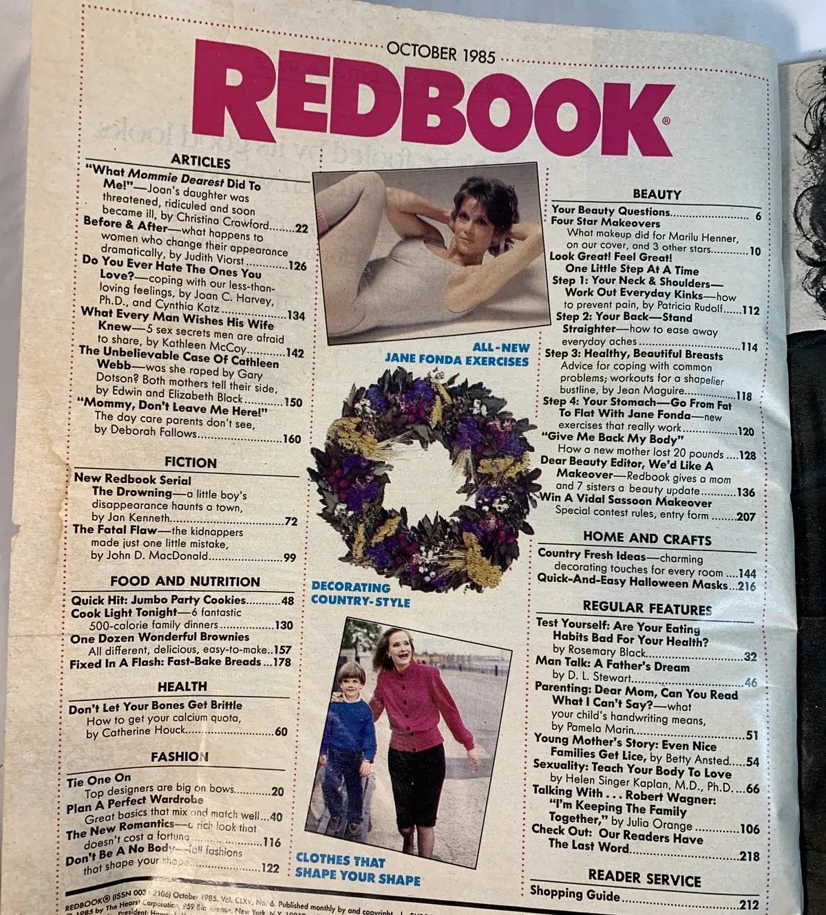 Redbook Magazine, October 1985, Table of Contents, featuring an article titled "Mommy Don't Leave Me Here! The Daycare Parents Don't See"
