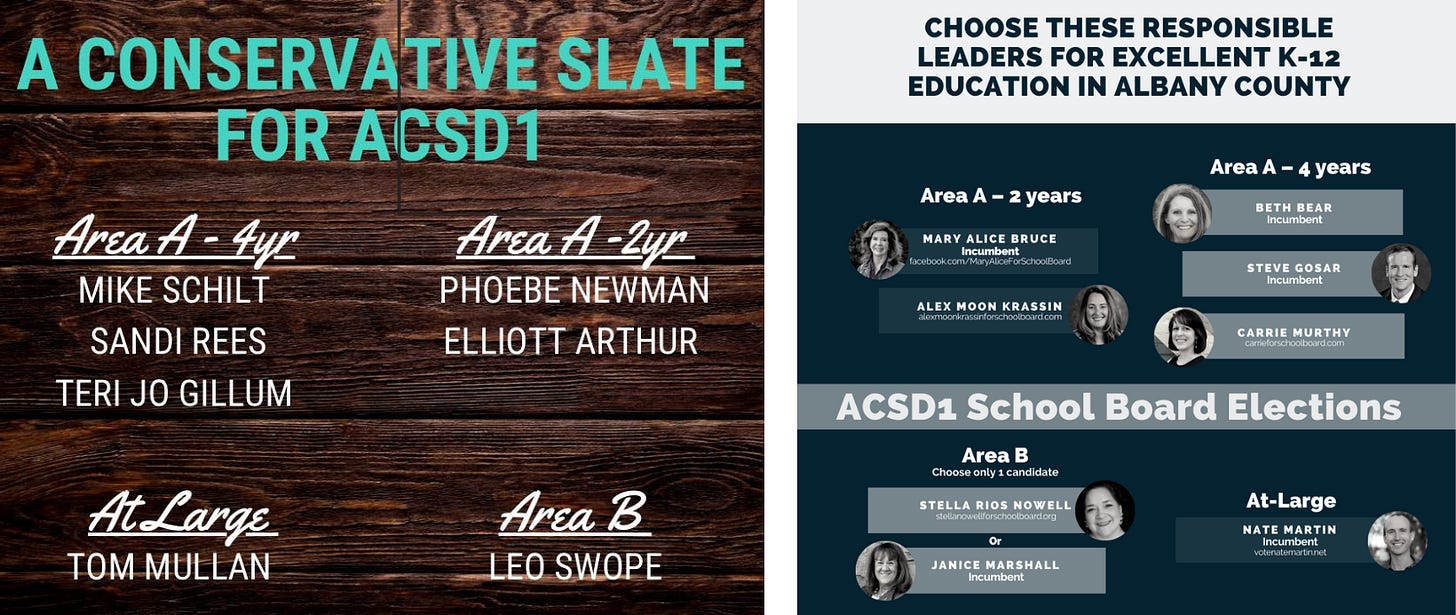 First mailer promises "a conservative slate for ACSD1," while the second mailer promises "Responsible leaders for k-12 education." Each lists a slate of ideologically related candidates. First mailer promises "a conservative slate for ACSD1," while the second mailer promises "Responsible leaders for k-12 education." Each lists a slate of ideologically related candidates.