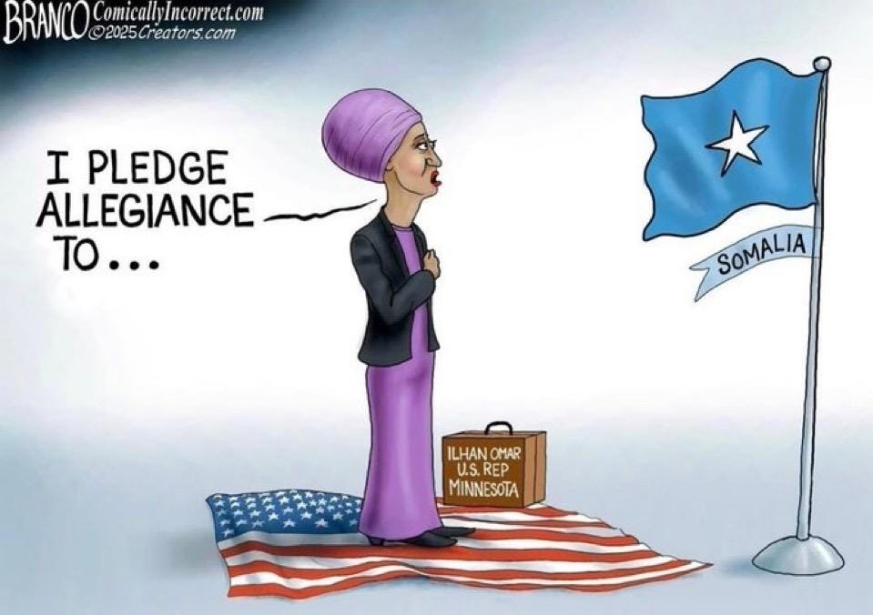 May be an image of text that says 'BRANCO Comically BRANCOcauescrerestel omicallyIncorrect.co yincorrect.com ©2025Creators.com I PLEDGE ALLEGIANCE to... SOMALIA SOMALIA ILHAN ILHANOMAR OMAR U.S.REP U.S. REP MINNESOTA'