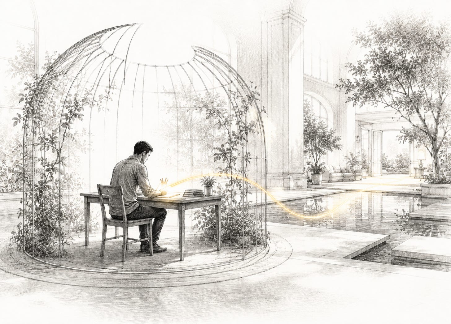 A figure works inside an open glass dome with a gold-lit thread leading back into a calm room, suggesting recoverable focus. A figure works inside an open glass dome with a gold-lit thread leading back into a calm room, suggesting recoverable focus.